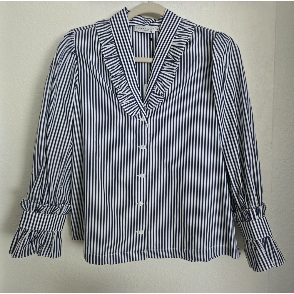 Harshman Ruffle Too Vertical Striped Button Front 100% Cotton Size XS